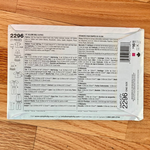 Simplicity 2296 doll clothes sewing pattern - Picture 2 of 4